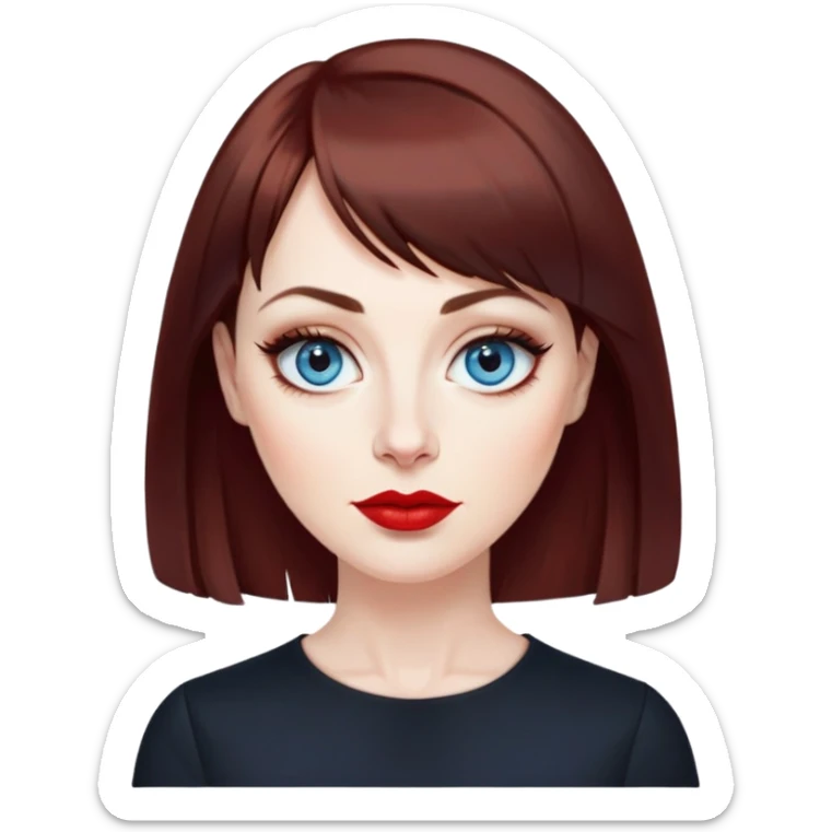 Artistic woman in her 40s with pale skin, oval face, large blue eyes with eyeliner, thin eyebrows, small nose, red lipstick, dark auburn hair with bangs, wearing a black top, mature creative expression sticker