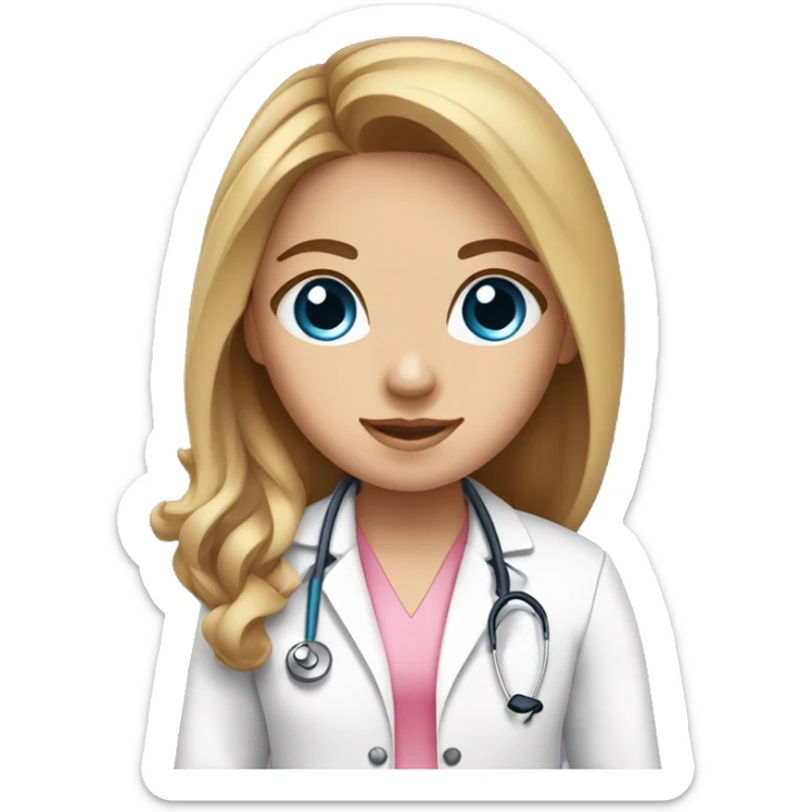 girl with long brown blonde hair blue eyes wearing pink doctor  scrubs, white doctor coat, stethoscope  sticker