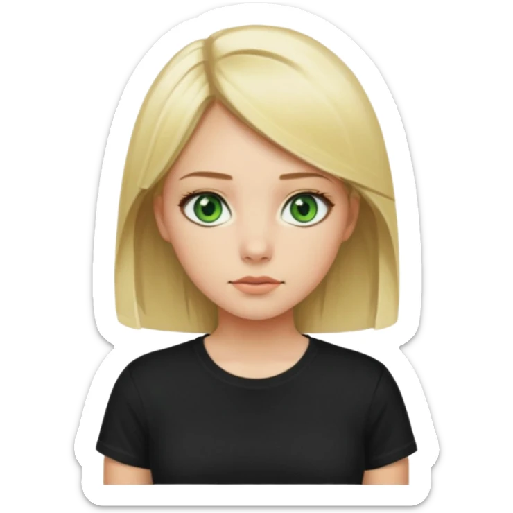 Girl with green eyes, blonde with straight medium length hair, and front buckles to the chin, in a black skims t-shirt sticker