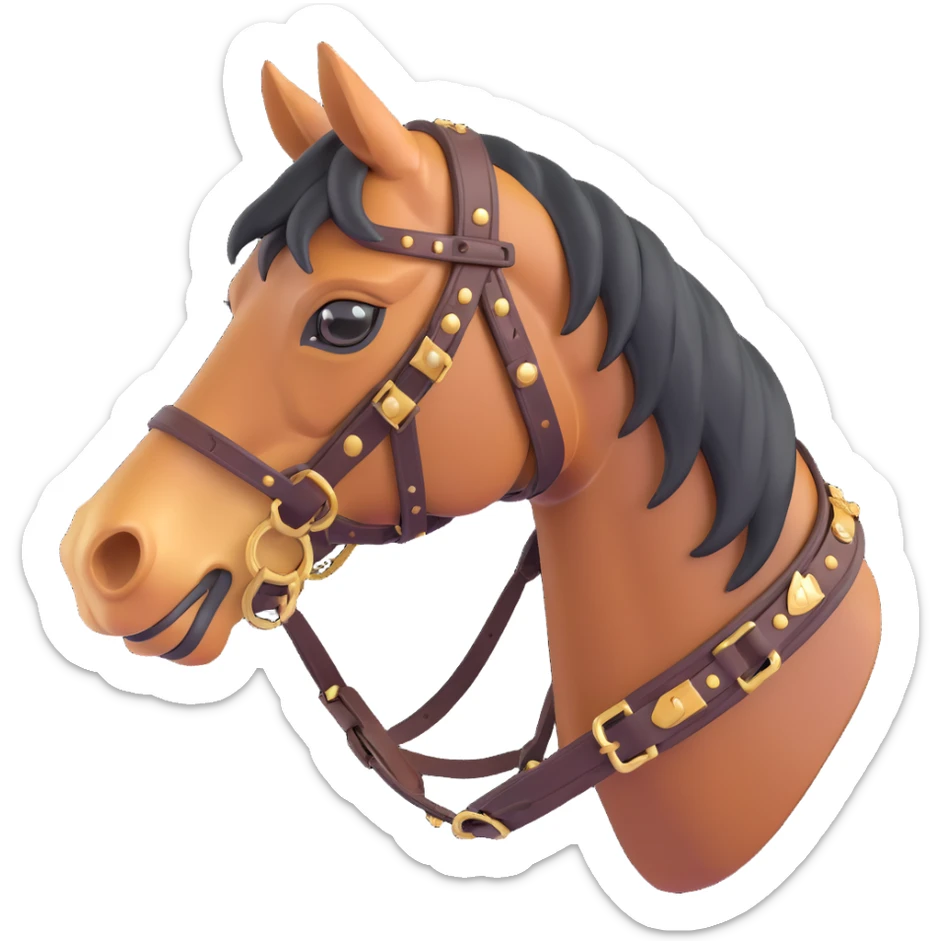 Hermès-style horse head with detailed leather harness and gold accents, luxury, 3D style sticker