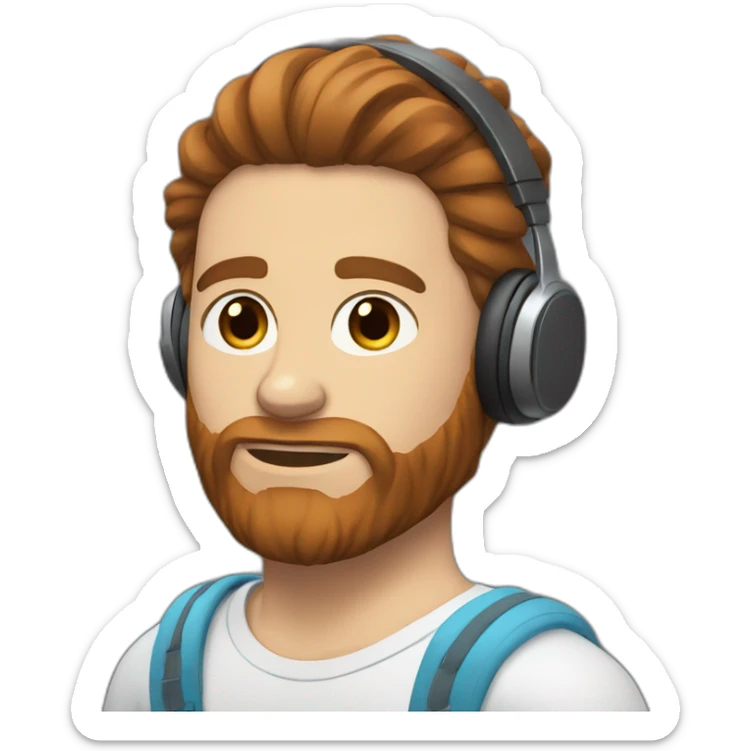 Man with brown hair bun and red beard blue eyes headphones  sticker