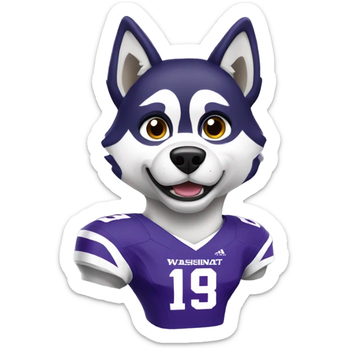Husky wearing a purple university of washington football jersey  sticker