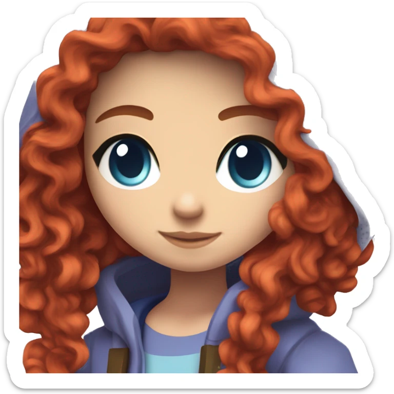 a white girl with long red curly hair, wearing periwinkle Minecraft hoodie playing a videogame sticker