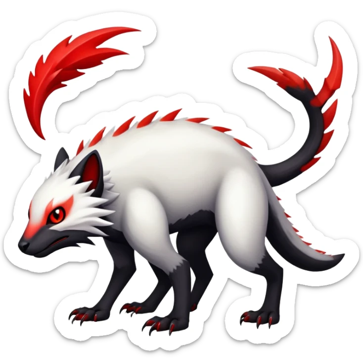 a white exotic edgy vernid-fionbr-Fakémon-creature, with black belly and red eyes, full body sticker