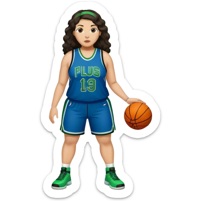 full body plus size light skin latino women basketball player with wavy dark hair large widenose wearing blue and green uniform sticker