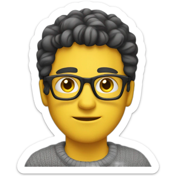 White man with yellow tinted glasses and black hair in a gray jumper and sitting on a chair sticker