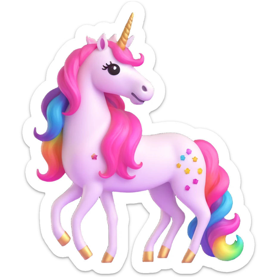 licorne entièrement pailletée, corps rose pailleté, crinière arc-en-ciel pailletée, corne unique arc-en-ciel pailletée, style 3D emoji microsoft sticker
