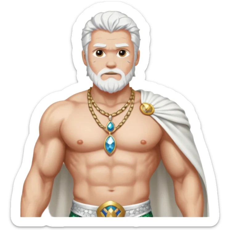 Odin with white hair, white sequin loincloth, shirtless with necklace sticker