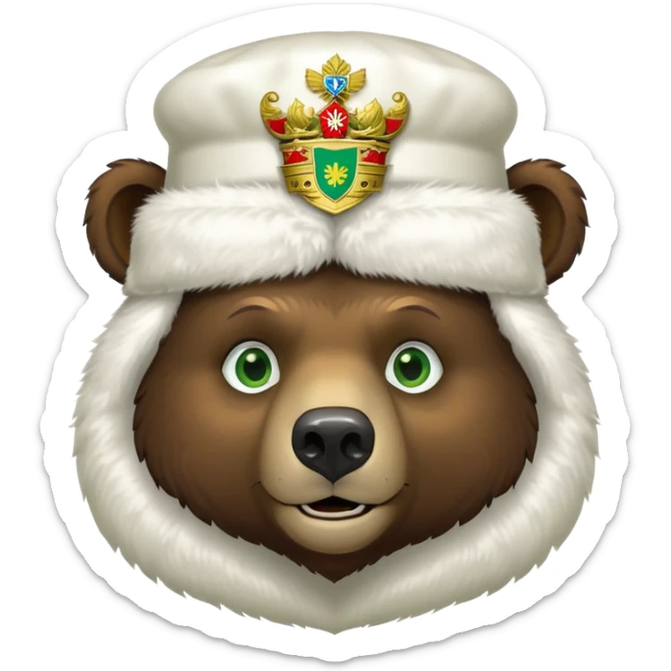 Dark brown grizzly bear face with green eyes, wearing a white fur hat with golden Russian coat of arms in the middle sticker