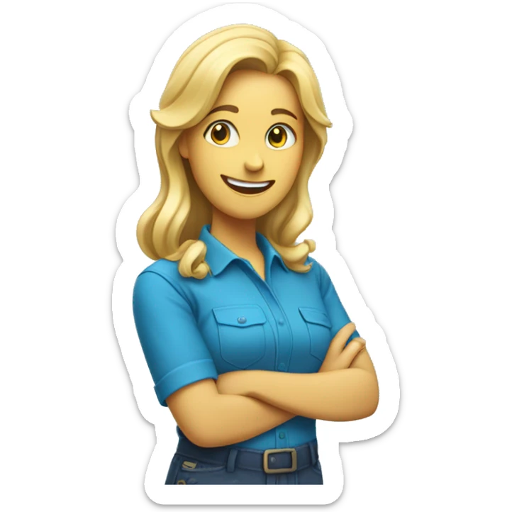 happy Female with blonde hair standing sideways wearing a bright blue shirt holding a screwdriver in hand sticker