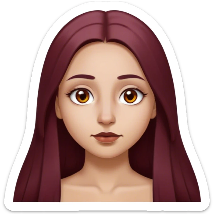 emoji of girl with maroon dark long hair in a middle part with straight nose hazel eyes medium perfect eye brows with  a nose ring silver on the right nostril  sticker