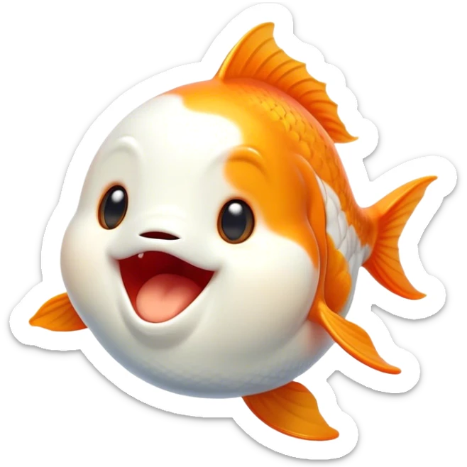 Cinematic Cute Yawning Orange and White Goldfish Portrait Emoji, Head tilted slightly with a dramatic, wide-open yawn, showcasing a smooth body with a balanced blend of orange and white, graceful fins slightly drooping, round golden eyes barely open in drowsy contentment, Simplified yet irresistibly adorable features, highly detailed, glowing with a soft, cozy glow, high shine, relaxed yet expressive, stylized with a touch of whimsy, bright and endearing, soft glowing outline, capturing the essence of a sleepy yet affectionate goldfish, so drowsy it feels like it could float out of the screen and curl up for a nap! sticker