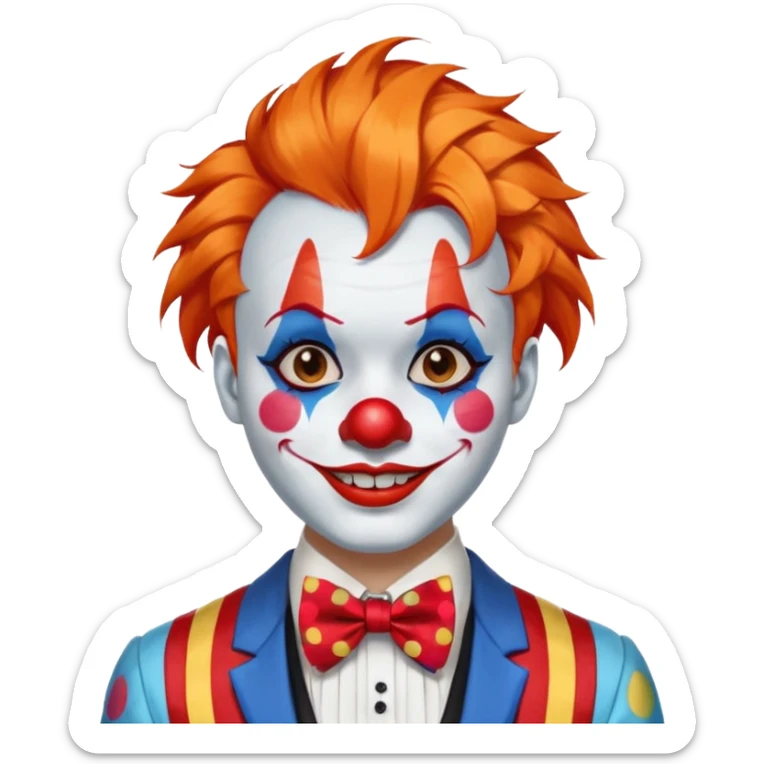 Orange hair styled in upward tufts.

White face paint, red nose, red lips, and thin black eyebrows.

Wearing a colorful patchwork clown suit with a big blue bow tie.

Happy, cheerful smile. sticker