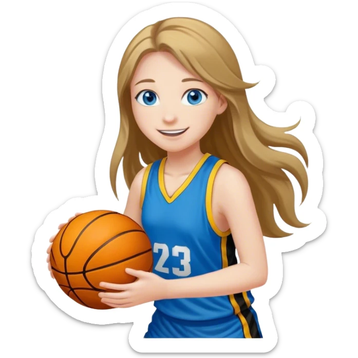 smiling girl with blue eyes and long hair playing basketball with black and yellow jersey sticker