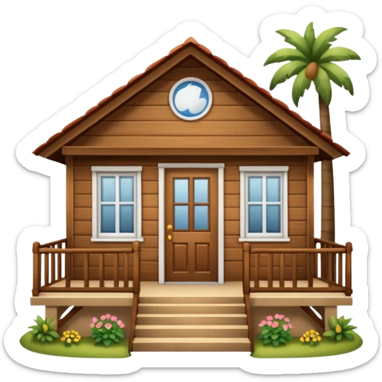 A wooden house typical of Puerto Rican rural neighborhoods, with a simple and cozy design featuring a central functional door, two symmetrical windows, a front porch with open railings, and space for a rocking chair. Emoji style, brown and wooden. sticker