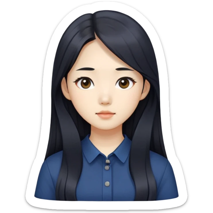 beautician, pretty korean girl with black long hair wearing navy shirts, long face sticker