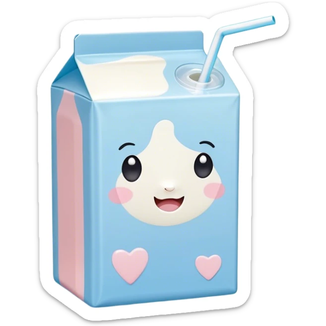 Cute Kawaii Milk Carton, small and boxy, bright pastel blue and white, blushing cheeks, a tiny straw poking out, soft glowing highlights, adorable farm-fresh cuteness! sticker