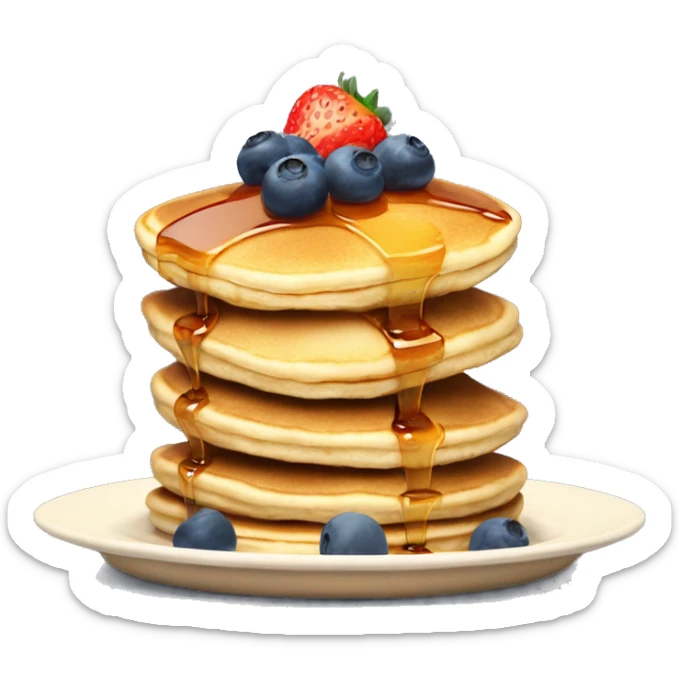 a stack of pancakes on a plate with syrup snd a small slice of butter on top and on the plate leaning on the pancakes have a half of a strawberry and 2 blueberries sticker