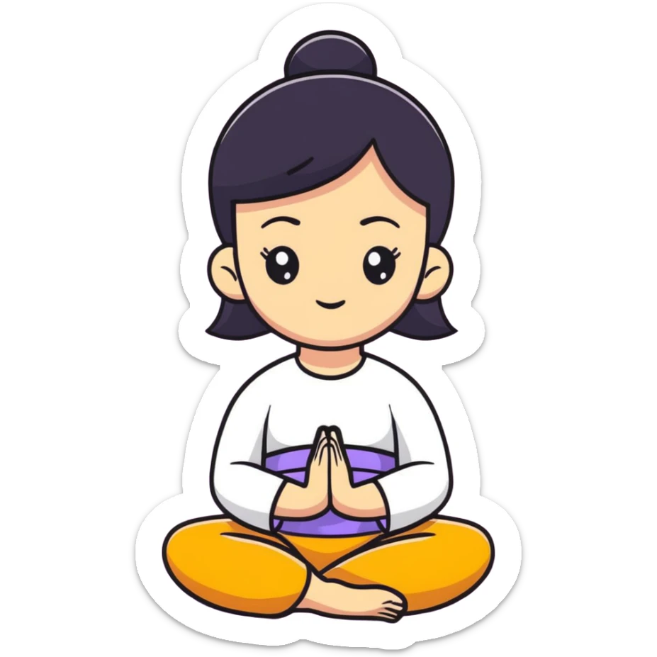 White girl with black hair in meditation pose, peaceful self care wellness moment sticker