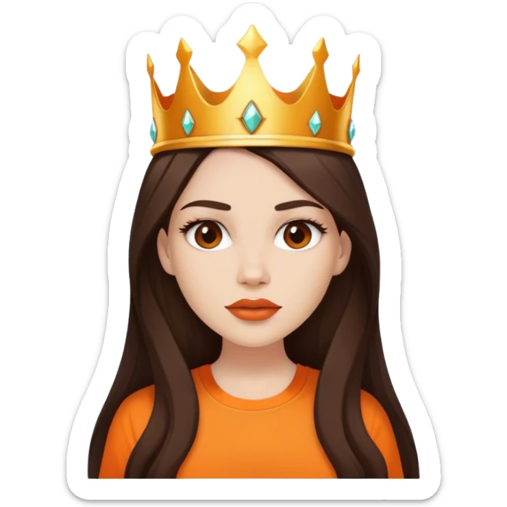 a White beautiful girl white natural lipstick and long dark brown hair, and orange shirt and a crown sticker