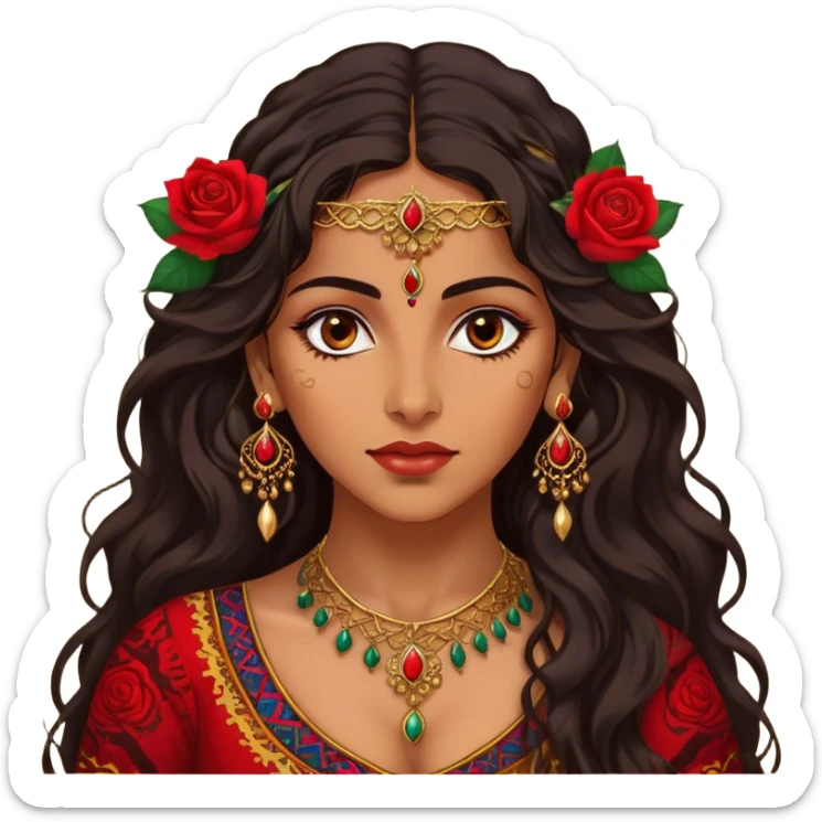 A beautiful Romani woman with deep, expressive eyes and long, wavy dark hair. She wears a vibrant, traditional outfit with intricate patterns and golden jewelry. A red rose is tucked behind her ear, adding a touch of elegance. Her expression is confident and mysterious, as she stands under the warm glow of lanterns, evoking a sense of freedom and passion sticker
