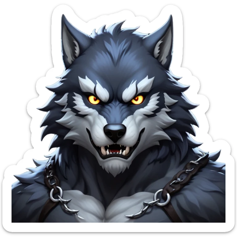 cinematic-noble-fierce-werewolf-portrait-emoji, poised-and-imposing, with a tall, slender yet muscular frame inspired by the brutal, imposing shape of the beast from Berserk, fur rippling in shades of midnight black and silver, eyes glowing with an intense, primal ferocity, reflecting the untamed power of the wild moonlit night; rendered with realism sticker