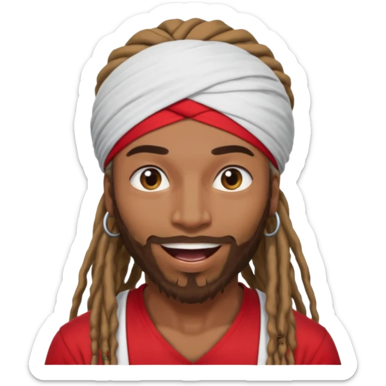Brownskin man with long dreadlocks 
red t-shirt 
white turban 
in love eyes
his eyes mouth open  sticker