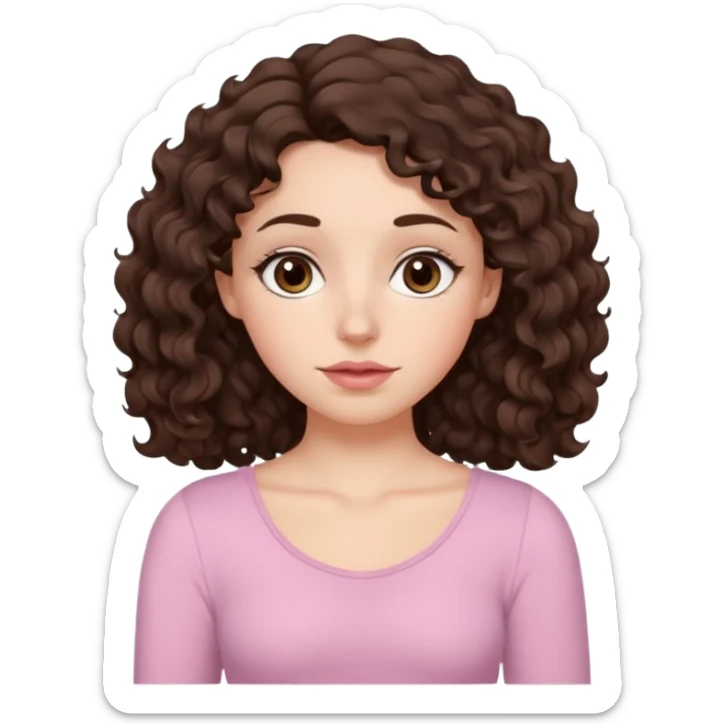 Aesthetic white girl with really long wavy/curly hair color dark brown, hair most be in front of the shoulders (hair in front of the shoulders). Big almond shape tired eyes color brown with dark circles, wide nose, natural lips, sweet expression. Dressed with a cute tight top color light pink. sticker