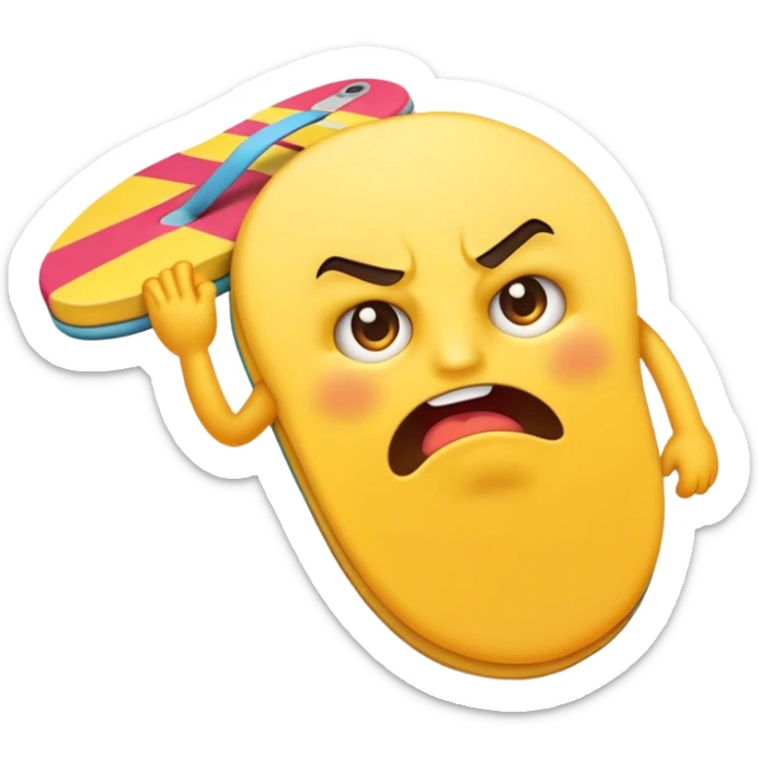 An angry yellow emoji holding a flip-flop in one hand, ready to smack, with furrowed brows and an intense glare. sticker