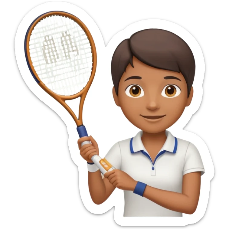 Chindian tennis coach, caramel brown skin, short straight hair, oval face, small eyes, smiling, holding a tennis racket sticker