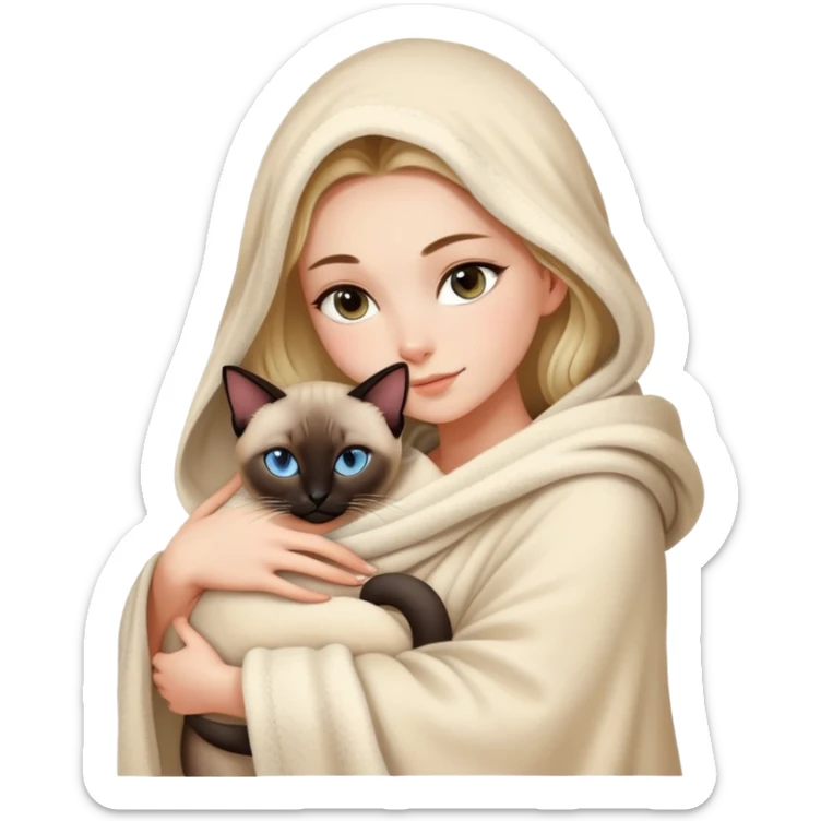 A beautiful and sexy Caucasian girl wrapped in a blanket hugging a Siamese cat sticker