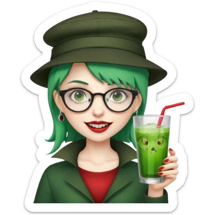 vampire green hair Drink holders with hat, wearing glasses, female,,teeth looks like vampire sticker