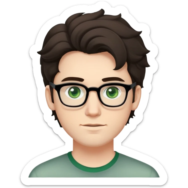 young man with pale skin, larger face, dark tall voluminous slightly wavy hair styled up high on head but not curly, wearing glasses with green eyes and very light stubble, with a slight smile sticker