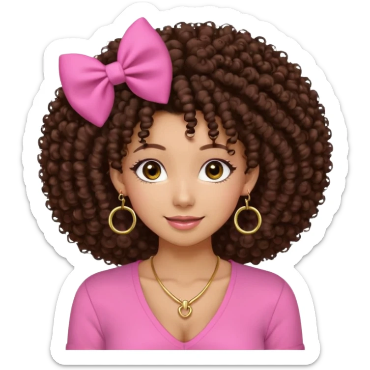 Naturally tan skin girl short darkBrown curly afropink shirt very long lashes hoop gold earrings Brown eyes gyaru smiling closed mouth cute bow hairclip small on the side. V neck pink shirt. Teenager bow on shirt, cleavage sticker