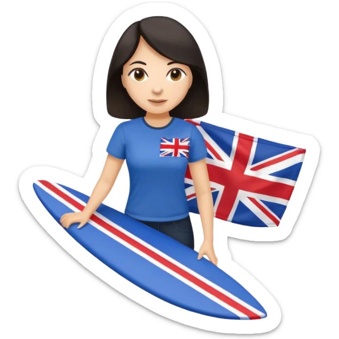 Woman teacher with dark hair in T-shirt with the UK flag surfing  sticker