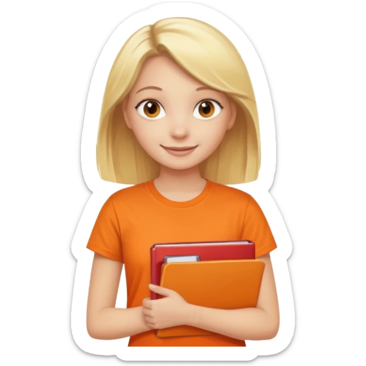 blonde girl in an orange t-shirt holding folders, smiling sticker