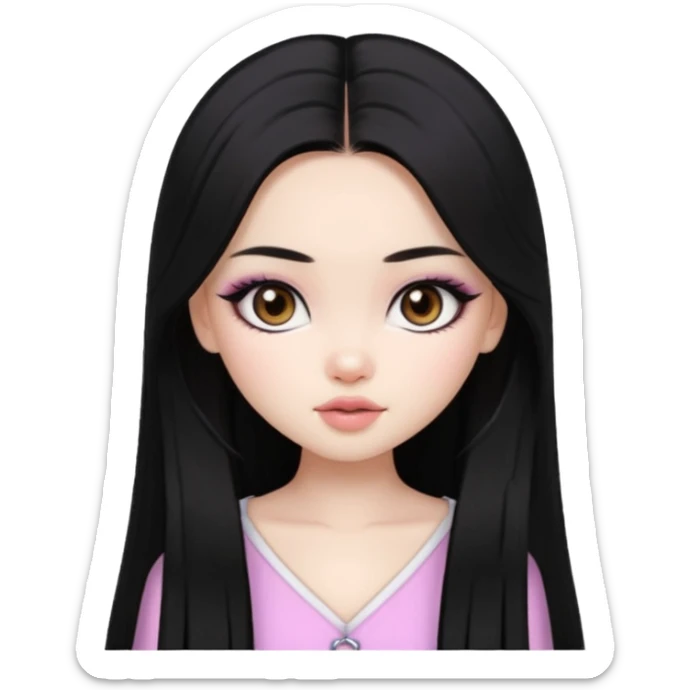 pale skin, girly bratz ASIAN baddie, beautiful dark brown eyes, pretty makeup, long dark black straight hair sticker