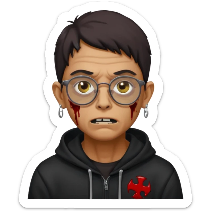 Chico moreno zombie, con gafas y sudadera negra, dos aretes en la oreja izquierda y dos en la derecha, ojeras en los ojos y sticker