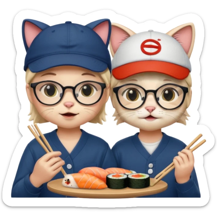 cute girl cat with glasses and a cute boy cat with a baseball cap eating sushi together sticker