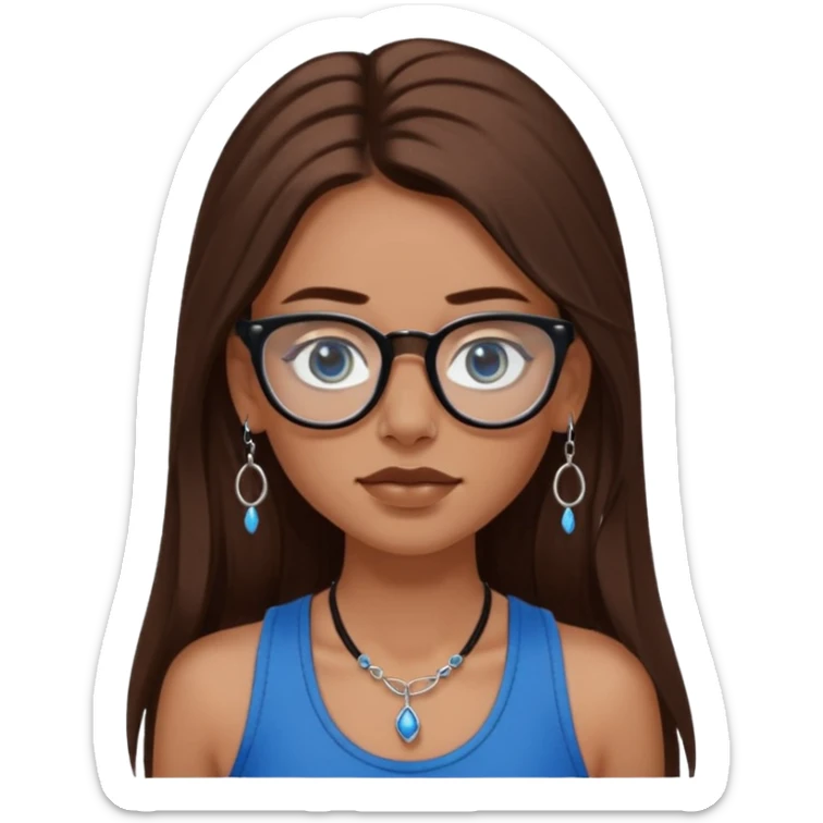 White girl with long brown hair, part going more to the RIGHT side, BLUE eyes, wearing BLACK plastic frame glasses. SEPTUM nose piercing hoop (at bottom of nose) AND stud nose piercing on right side of nose. Wearing BLACK tank top. No other jewelry sticker