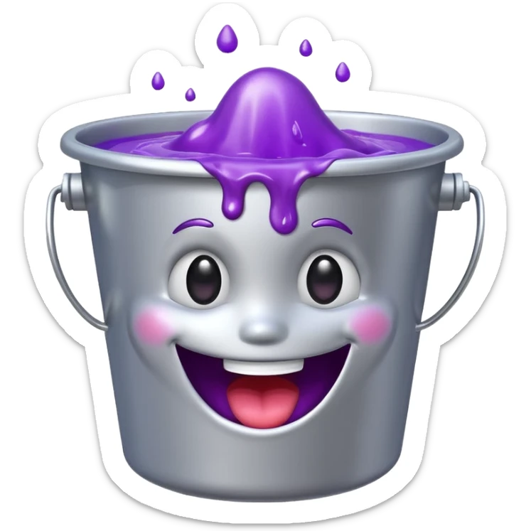 shiny silver bucket with purple slime, happy face only on the slime, no face on the bucket sticker