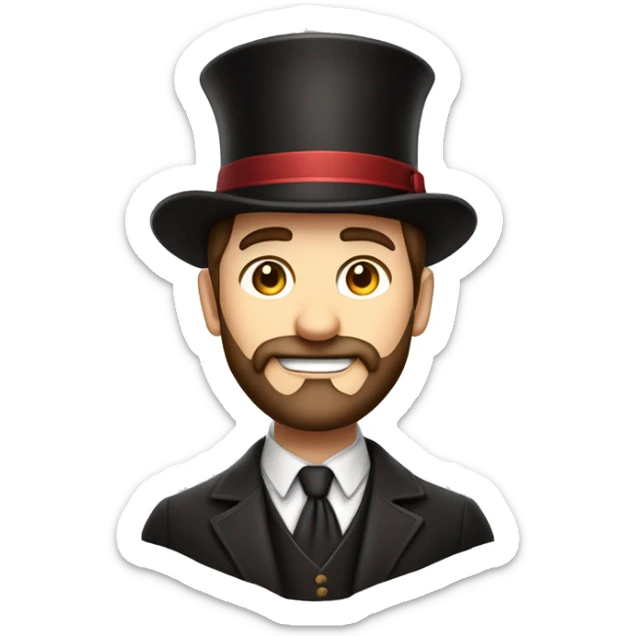 Emoji of a confident man with a neatly groomed beard and styled brown hair, wearing a magician's hat. Simple and expressive design with clean details, capturing charm and elegance. sticker