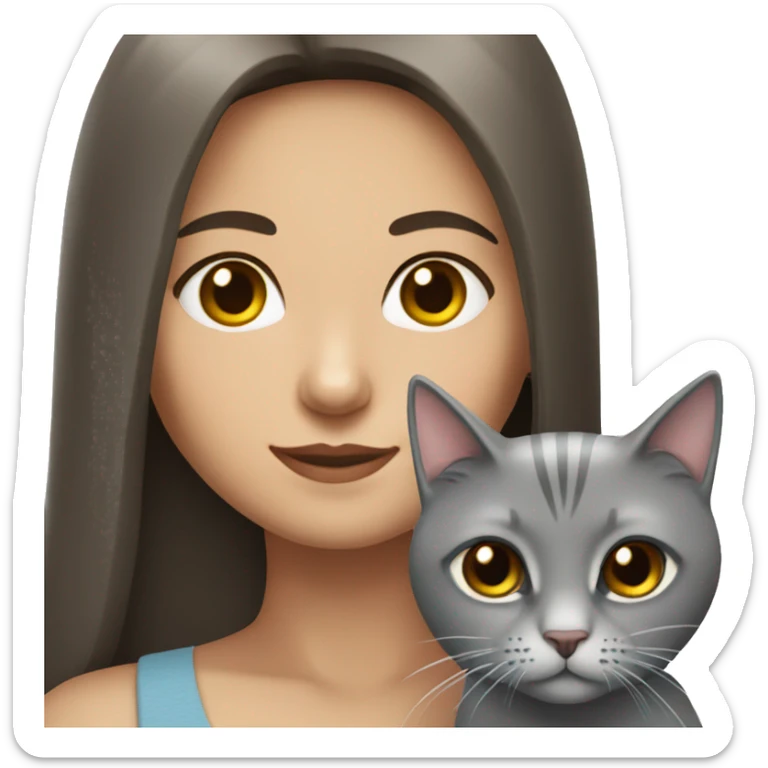 Brunette girl with straight long hair with braun eyes with grey cat sticker