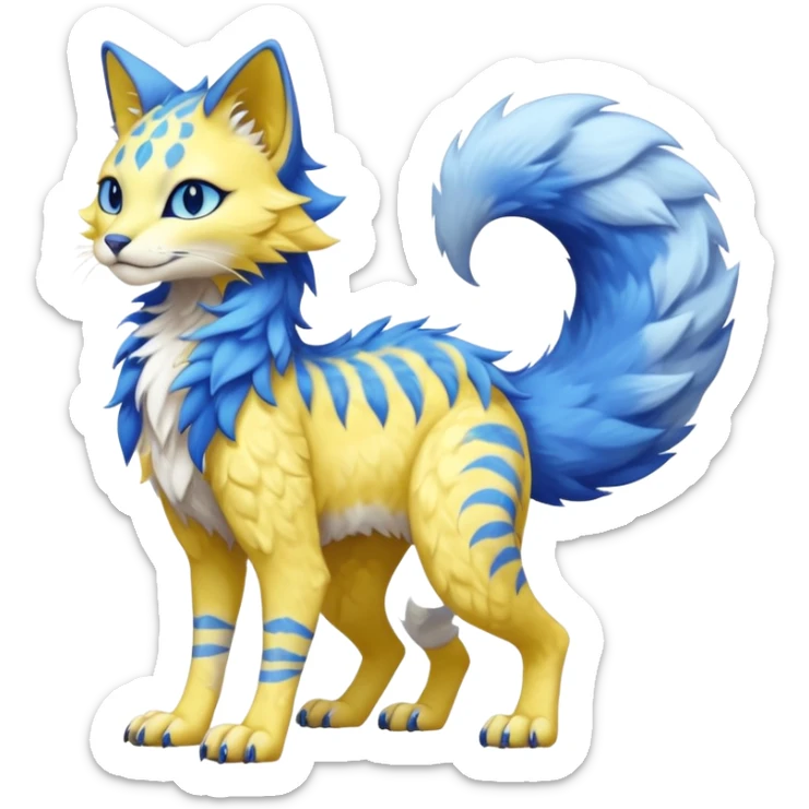 Kawaii yellow and blue beautiful pretty elegant divine edgy fantasy feline-vernid-sergal-fursona animal creature with a tufted tail full body with intricate markings  sticker