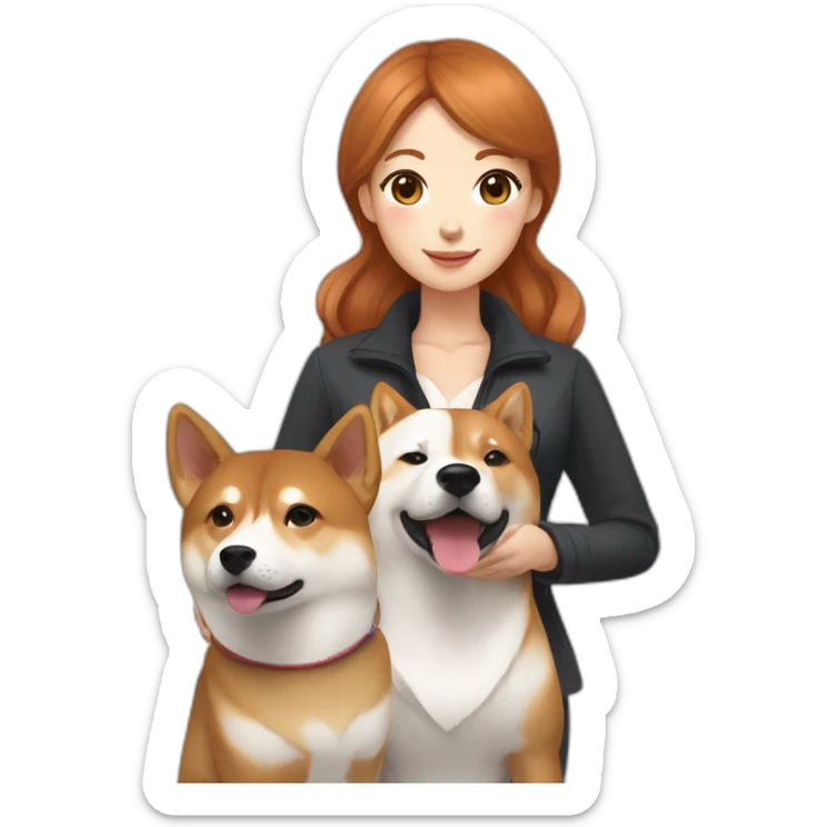 A pretty Shiba and a large white Hokkaido accompanied by their mistress, a woman with curly auburn hair. sticker