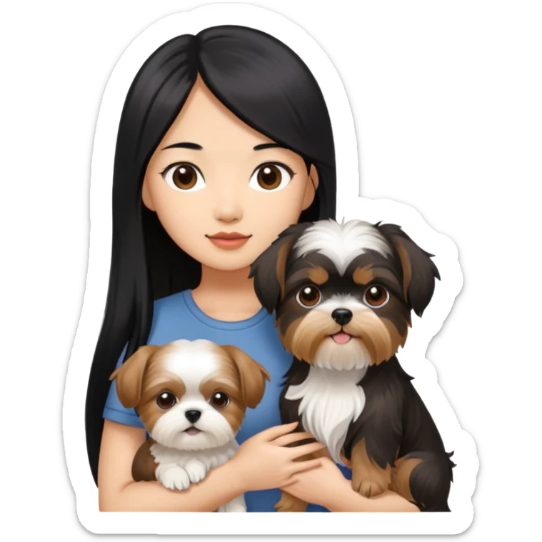 A beautiful Asian girl with long black hair is holding a Yorkshire Terrier. She is standing next to her brown skinned boyfriend, who is holding a Shih Tzu. They are each holding one dog each sticker