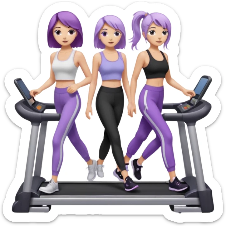 две белокожие девушки ходят по беговым дорожкам, одна брюнетка, вторая со светло-фиолетовыми волосами, брюнетка в белом топе на тонких лямках и в черных лосинах, вторая девушка в лиловом топе с бабочкой и в серых спортивных штанах sticker