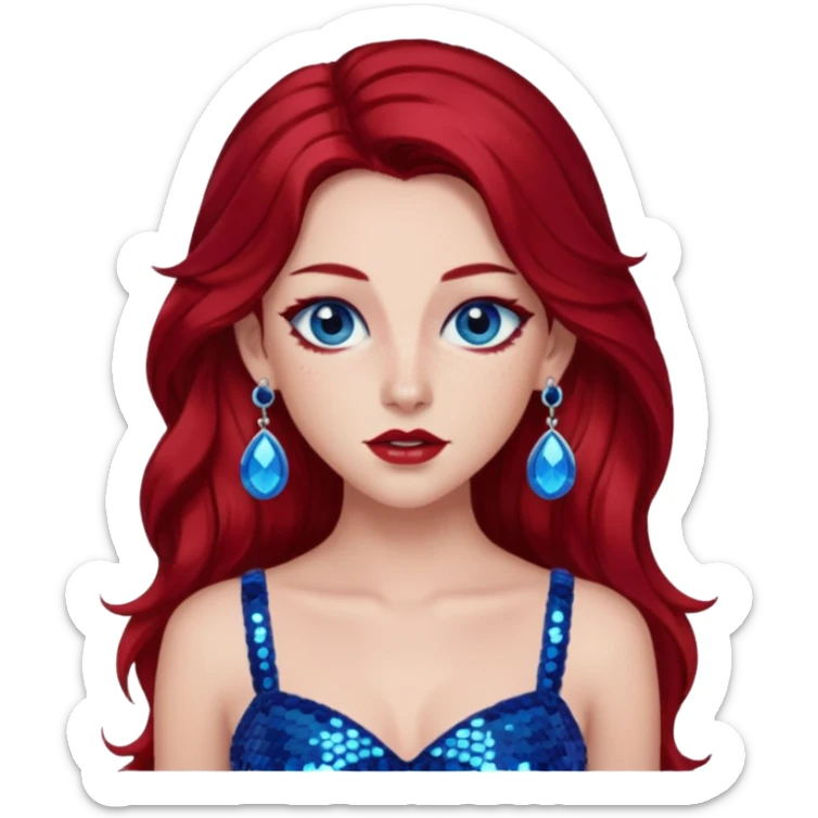 Chappell Roan (b.1998) with long dark red hair, red sequin crop top, red earring, blue eye, makeup sticker