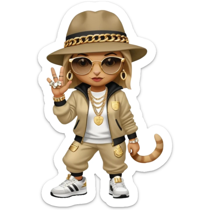 female cat walking upright, Run DMC hip-hop outfit, tracksuit, fedora, Adidas sneakers, dark sunglasses, many gold chains, bling accessories rings bracelets earrings sticker