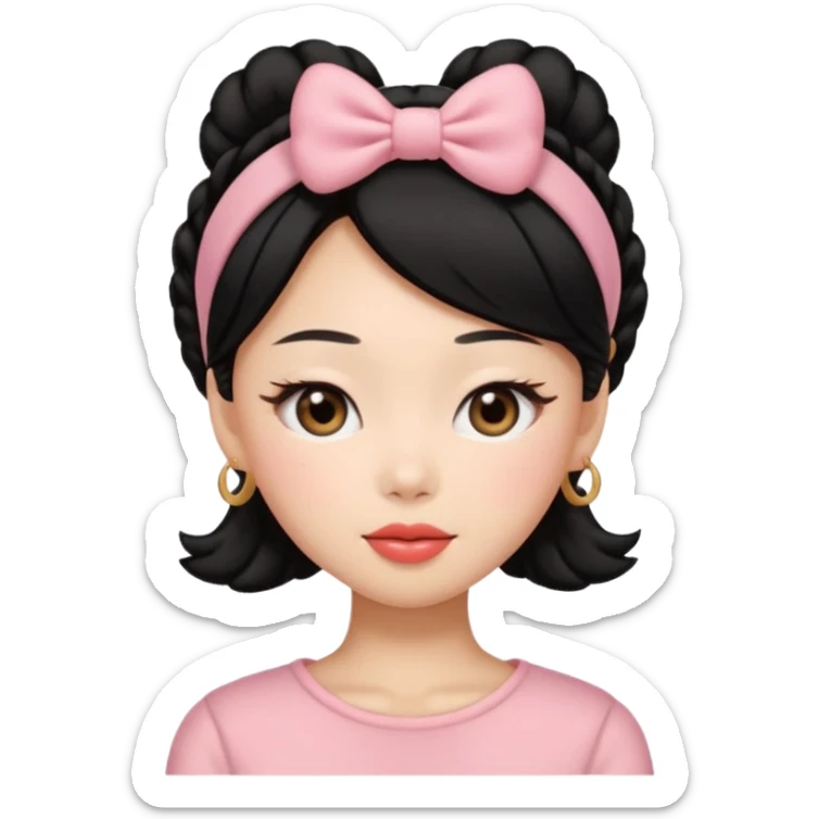 “Cartoon emoji of Jennie kim, heart-shaped face, almond upturned eyes, defined jawline, soft blush, chic expression sticker